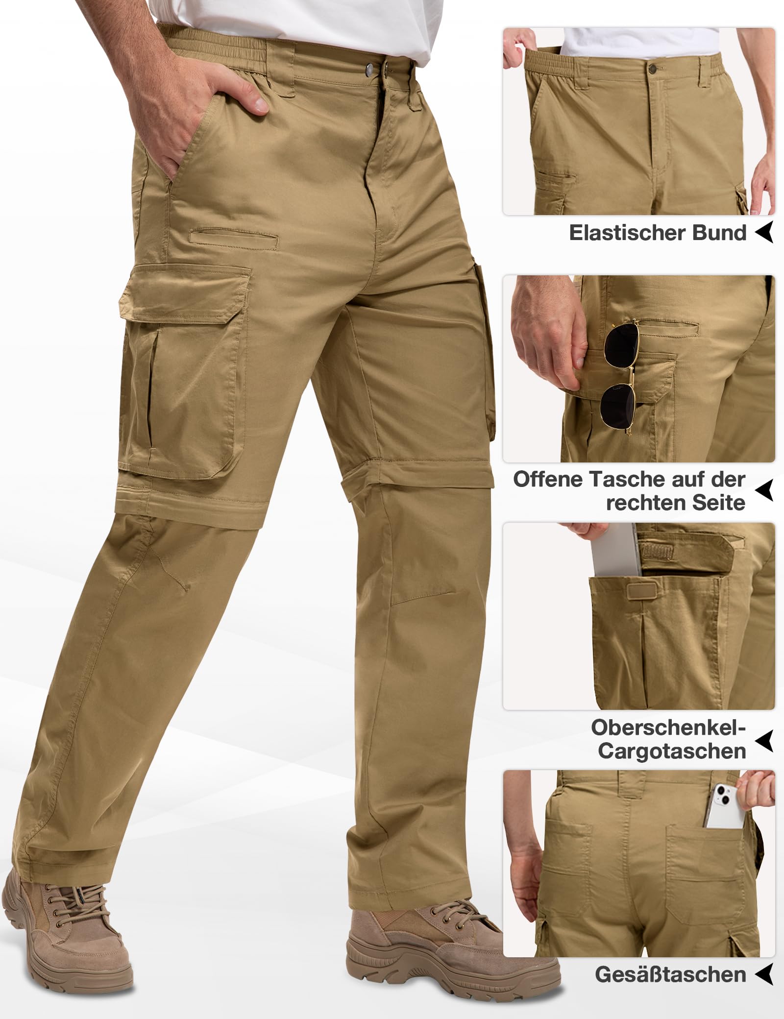 MOURCE Wanderhose Herren Zip Off Leichte Schnelltrocknende Cargohose Herren 8 Taschen für Camping Reisen Angeln