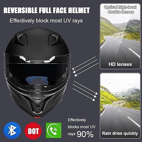 Miniatura 4 de Casco modular de motocicleta Bluetooth aprobado por DOT, cara completa abatible con doble visera, ventilación de visera solar integrada para