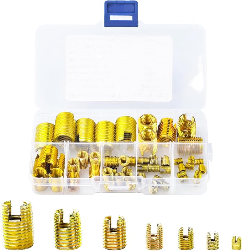 50Pcs Self Tapping Thread Insert Set M3-M12 Stainless Steel Inner Thread | Gold Slotted Thread Inserts Set with Storage Case M3 M4 M5 M6 M8 M10 M12 Thread Reinforce Repair Tool for Furniture Factory