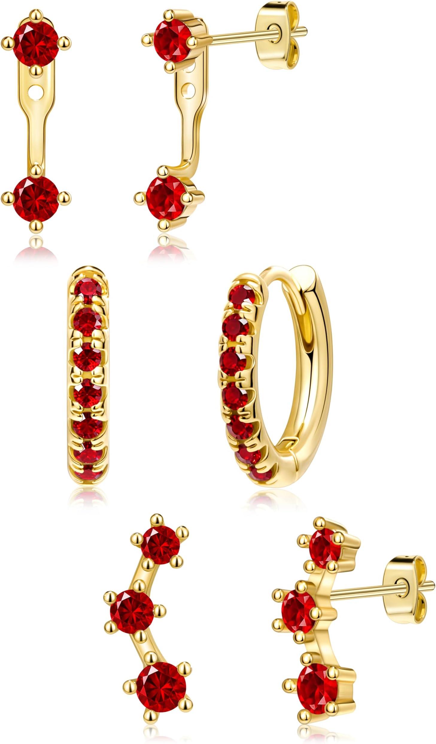 3 Pairs Dainty Small Earrings Set for Women Trendy, Birthstone Stud Huggie Hoop Jacket Stack for Cartilage Helix, Gold Plated Hypoallergenic Cute Women Fashion Accessories Western Jewelry Gifts