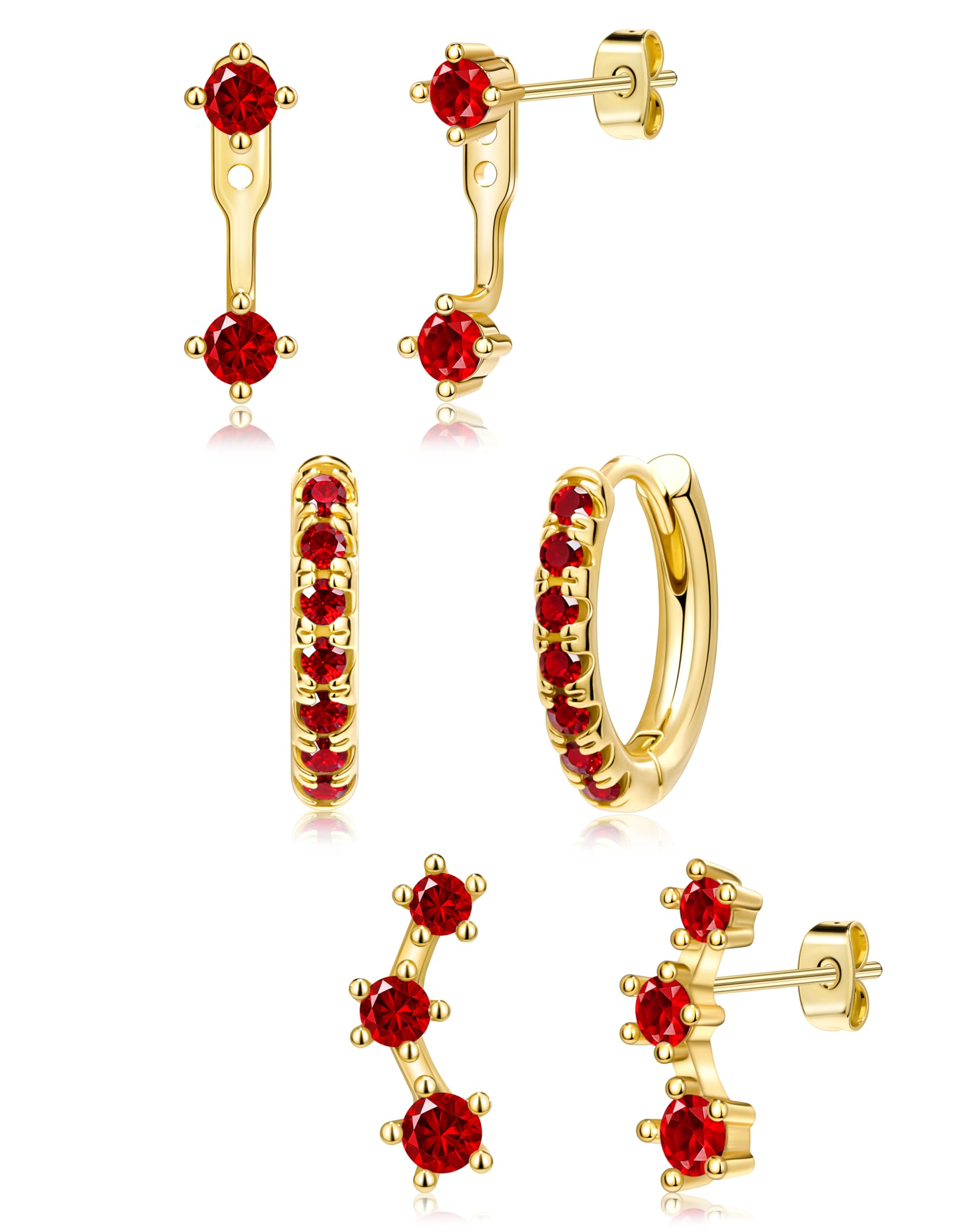 Trendy Small Earrings Stack for Women, 3 Pairs Gold Plated Hypoallergenic Dainty Cute Stud Huggie Jacket Set, Women Fashion Accessories Holiday Birthstone Western Jewelry Christmas Gifts