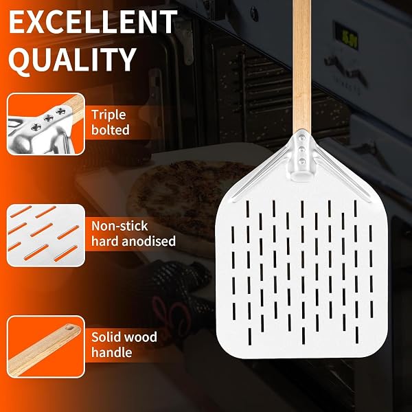 NSXVIA Pizzaschieber perforiert 39,5 * 30 * 2 cm – Aluminium Pizzaschaufel mit abnehmbarem Holzgriff, leichte Pizza Peel, Pizzaheber & Pizzawender für Ofen, Pizza Zubehör (wood) - 4