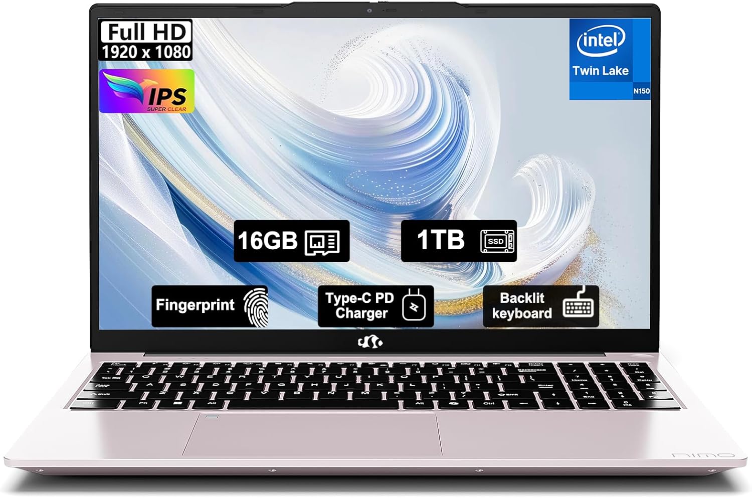 NIMO 15.6" FHD IPS Student-Laptop-Computer - 16GB RAM 1TB SSD, 4 Cores 13th Gen Intel N150(Beat to i3-1115G4, Up to 3.6GHz), 65W GaN Type-C, Fingerprint, Backlit Keyboard, Wi-Fi 6, BT5.2, Numpad