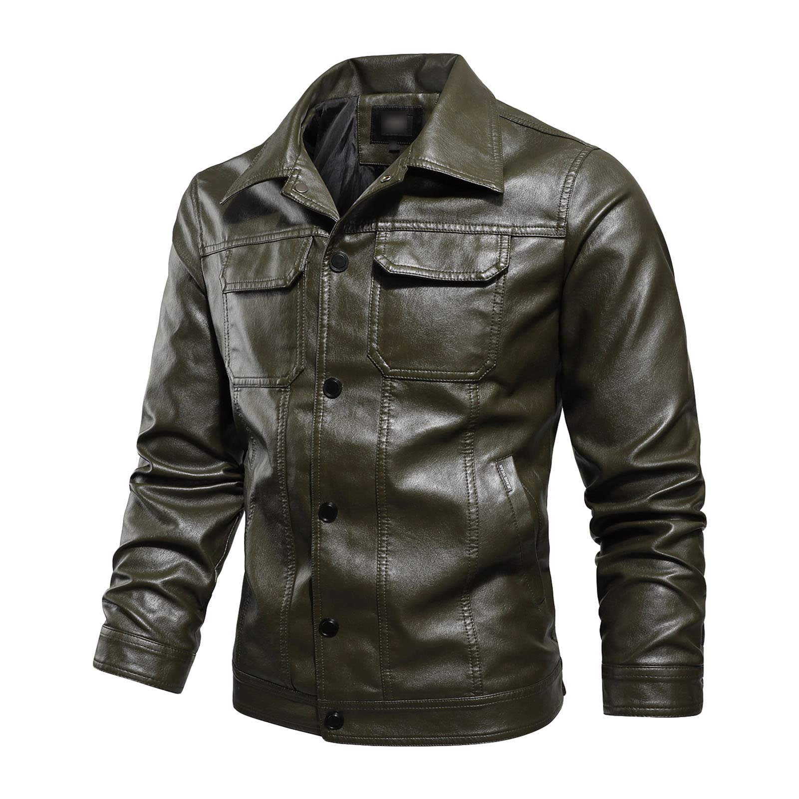 Maiyifu-GJ Men's Button Down Lapel Biker Jacket Winter Warm Faux Leather Motorcycle Jackets Lightweight Casual Pu Bomber Coat (Green,4X-Large)