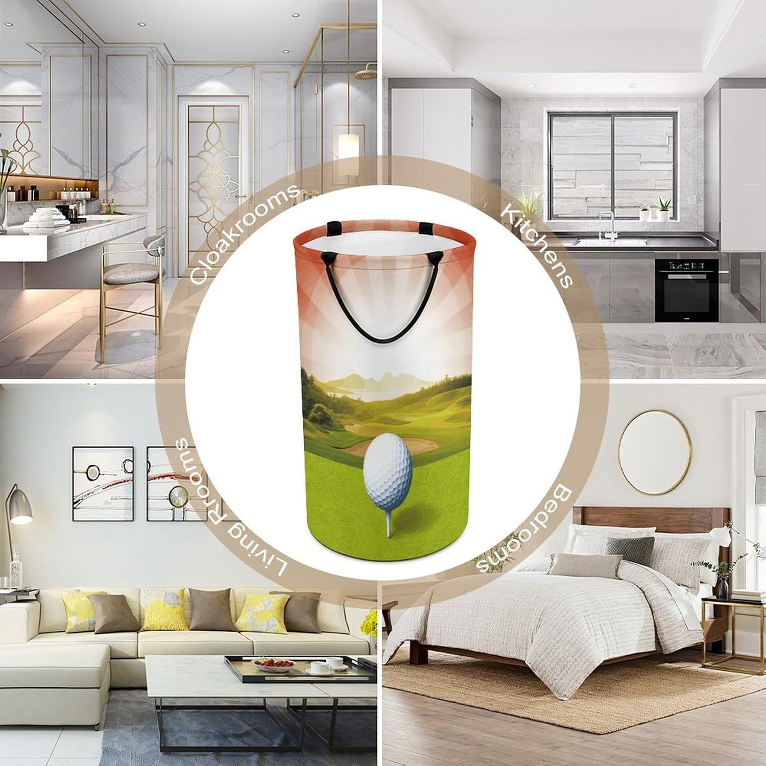 Golf Sport Laundry Hamper with Handles Waterproof Collapsible Laundry Basket Large Lightweight Round Dirty Clothes Hamper for Home Dorm Bathroom Decor