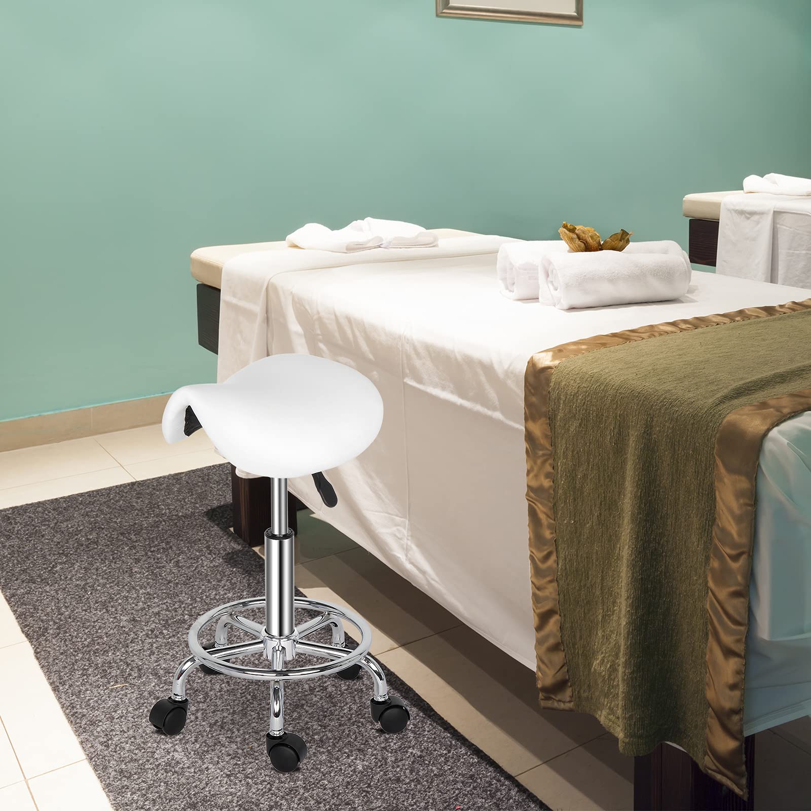 Bonnlo Ergonómico Taburete con Ruedas de Montar, Taburete Regulable Altura 51-65 cm, Taburete Giratorio con Ruedas 360° para Salones de Belleza, Spas y Oficinas Blanco (Blanco)
