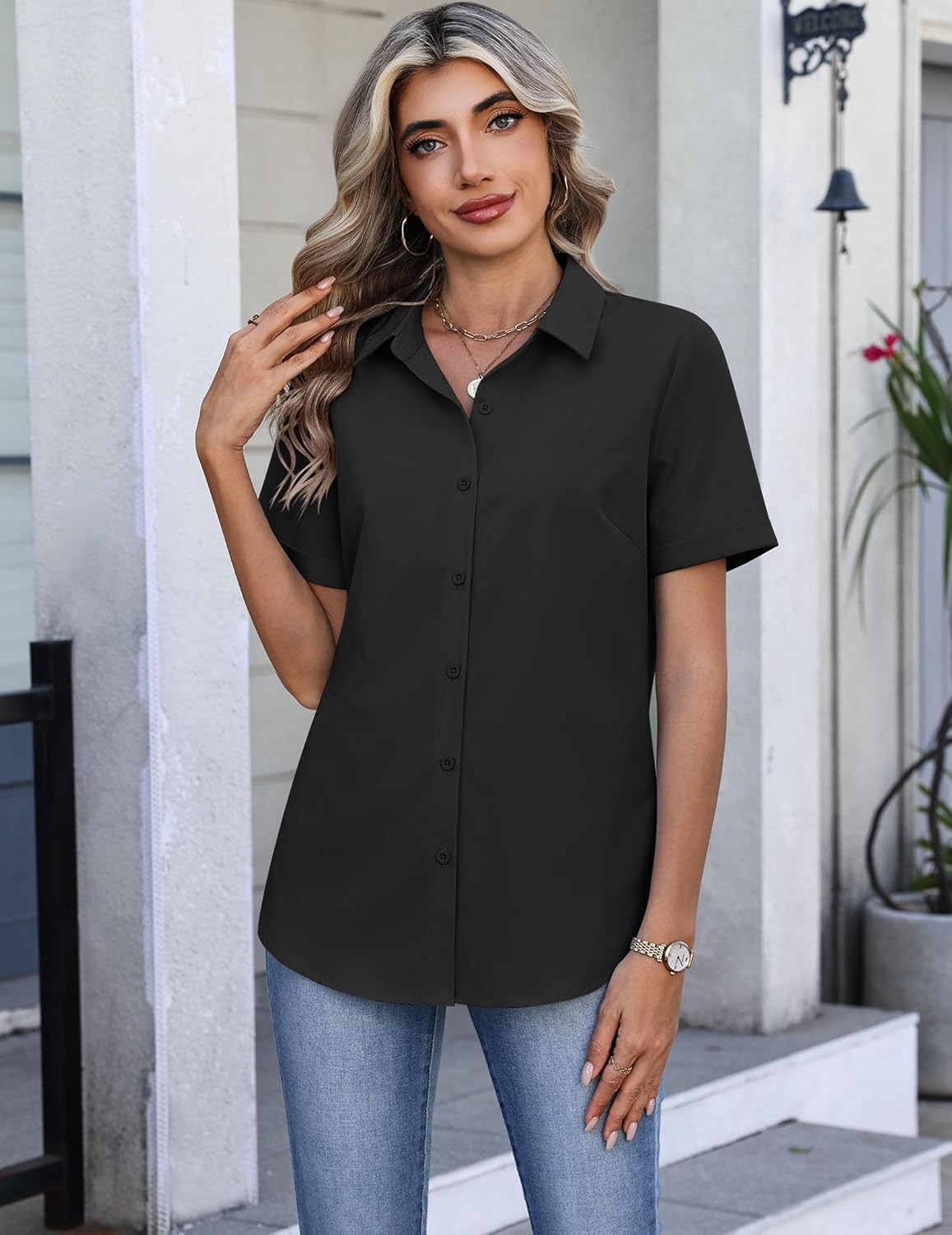 HOTOUCH Button Down Shirts for Women Short Sleeve Dress Shirts Fitted Business Casual Blouse Office Work Tops - Image 2