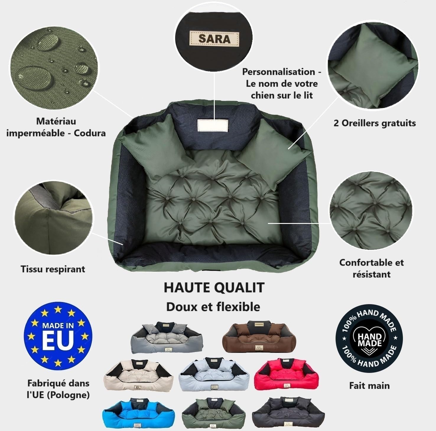 KING DOG Lit pour Grands Chiens XL 115 x 95 cm Personnalisable avec Nom Coussin Imperméable Déhoussable Lavable Canapé Confortable Moelleux Douillet Antidérapant Fabriqué en UE Couleur Vert