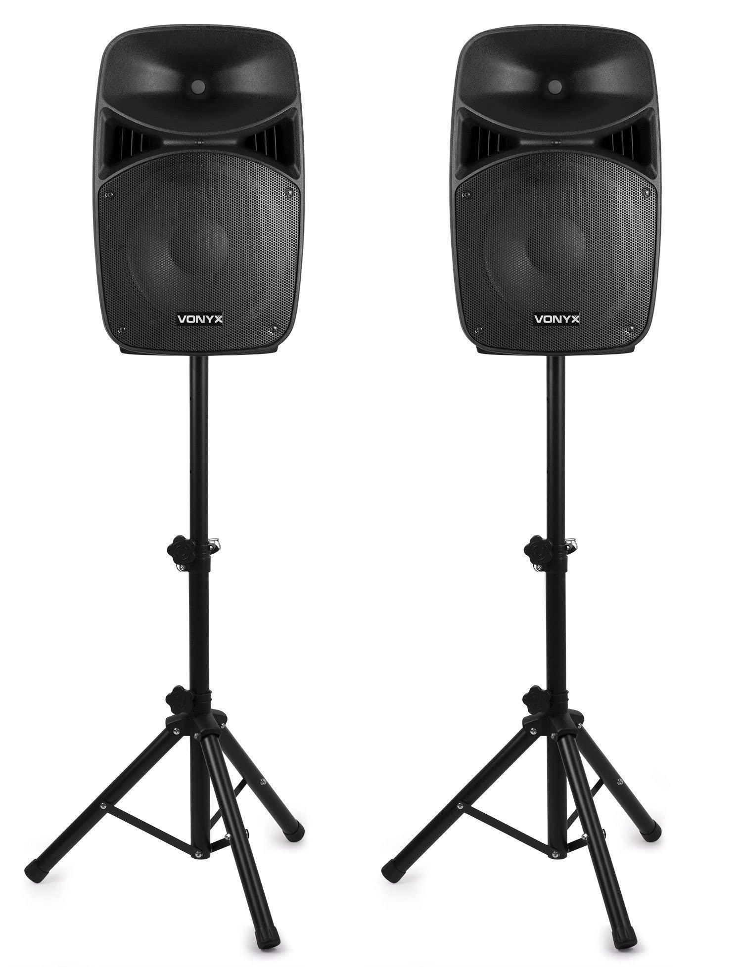VONYX VPS122A Kit Sono DJ avec Pieds - 800 Watts, Haut-Parleurs avec LEDs, Égaliseur 5 Bandes, Télécommande Incluse, Idéal pour Animer Vos Soirées