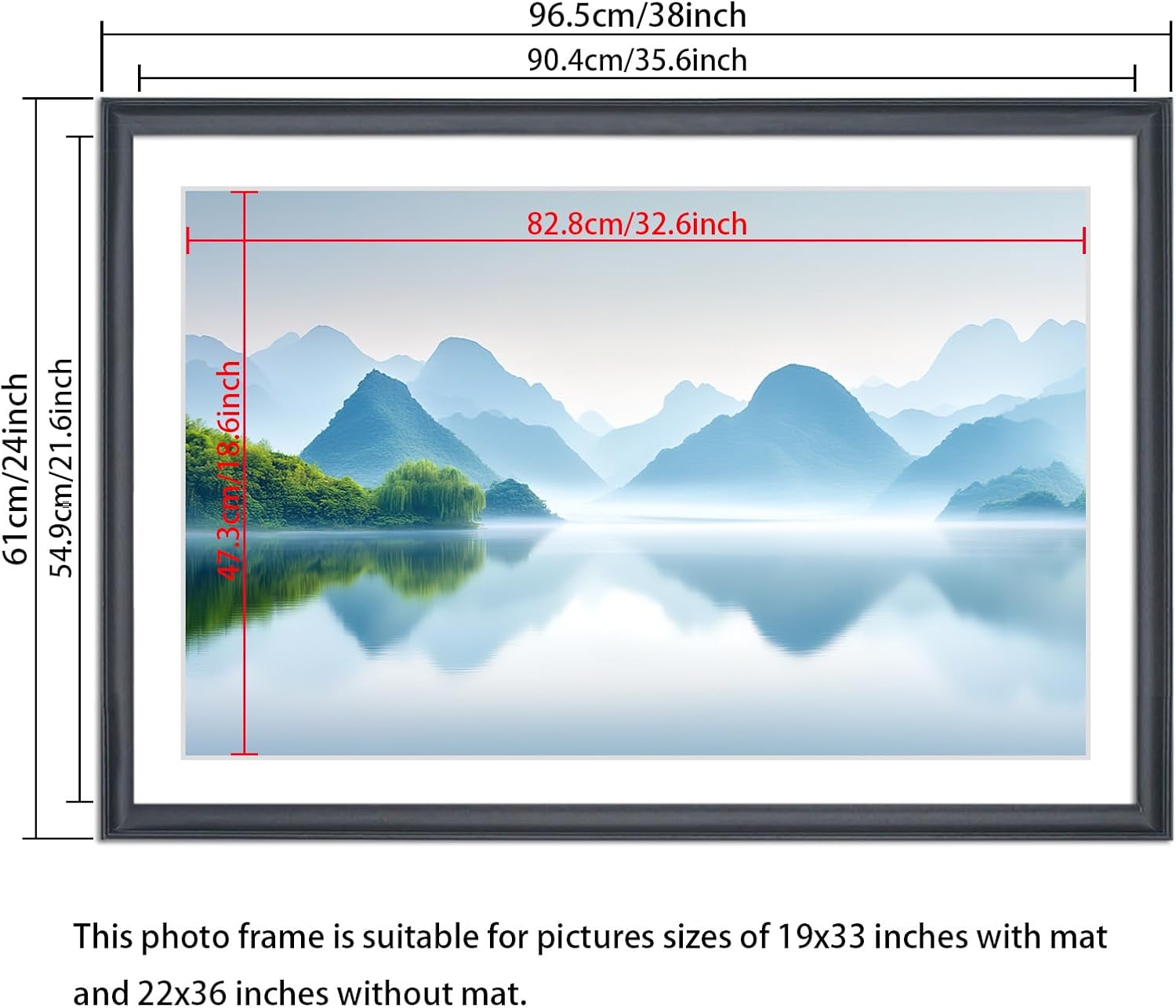 22x36 Panoramic Picture Frames Solid Wood ,With White Mat ,Fit 19x33 inch Photos with Mat or 22x36 without Mat，Poster Frame 22x36Photo Frames Family Wall 19x33 Picture Frame Black (L23B2236W1933)