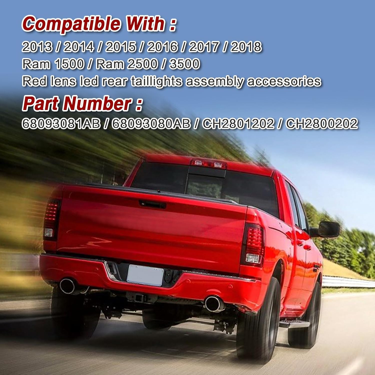 LED Tail Lights Compatible with 2014-2018 Dodge Ram 1500 2500 3500 Rear Lights Assemblies with LED Bulbs and Harness Replacement OEM 68093081AC 68093080AC (Red Black, 1 Pair)