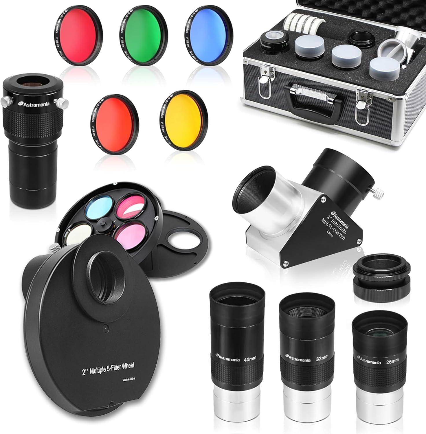 Astromania 2" Multiple 5-Position Filter Wheel - Bundle with - Astromania 2" Telescope Eyepiece and Filter Accessory Kit Deluxe Version