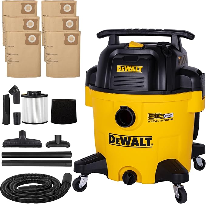 DEWALT Wet Dry Shop Vac 5 Gallon, STEALTHSONIC Ultra Quiet Shop Vacuum Wet and Dry 4 Peak HP, Powerful Suction Wet Dry Vacuum Cleaner, Portable Vacuum for Home, Garage, Workshop, Jobsite, DXV05P-QT