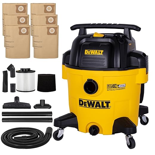 DEWALT 10 Gallon Stealthsonic Wet/Dry Vacuum, 5 Peak HP Ultra-Quiet Shop Vac with Full Accessory Kit & 6 Bonus Dust Bags, 1-7/8 in. x 7 ft. Hose for Job Sites, Workshops & Garages