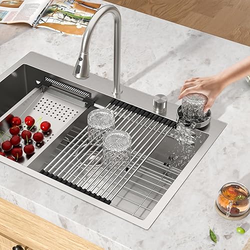 Miniatura 8 de Fregadero de cocina en cascada de 33 pulgadas  Fregadero de cocina inteligente de 33 x 22 pulgadas, estación de trabajo, montaje superior, calibre