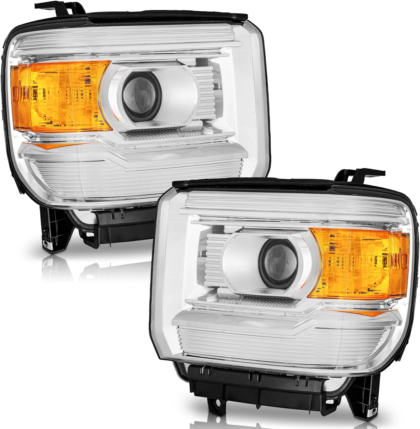 WEELMOTO Headlights Assembly for 2014-2018 GMC Sierra 1500 Base / 2015-2019 GMC Sierra 2500HD / 2015-2019 GMC Sierra 3500HD Replacement Pair Set Chrome Housing NOT for factory LED models