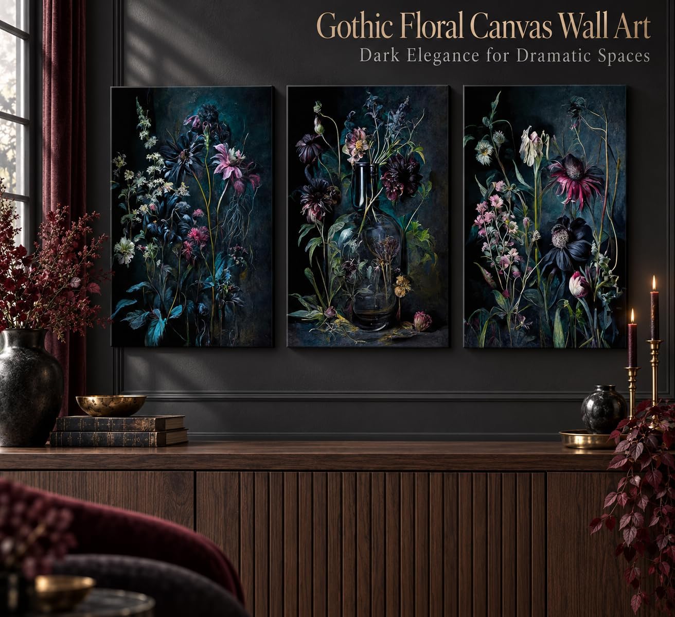 hijyord 3 Pcs Dark Academia Floral Canvas Wall Art 16x24in image 2