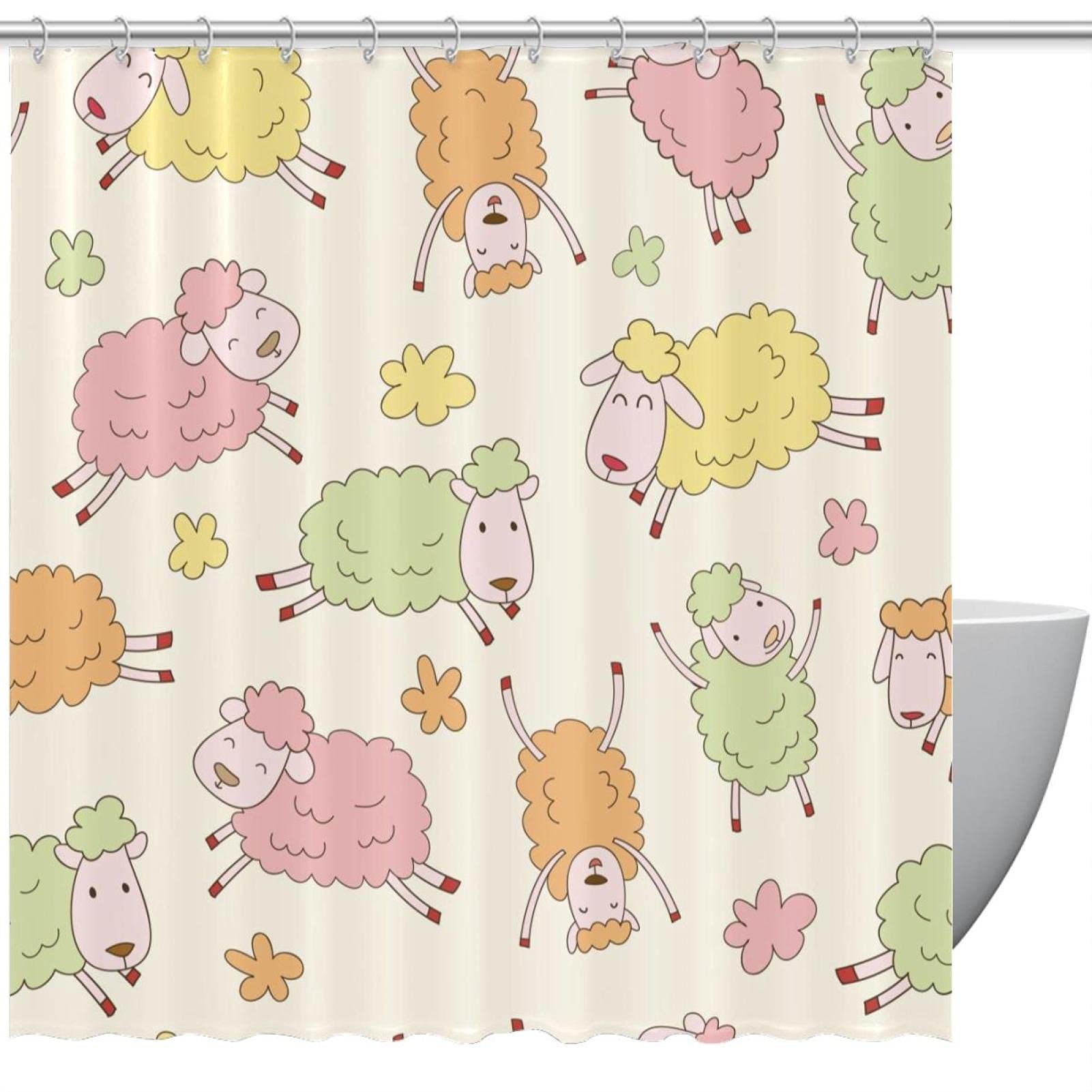 Rideau de douche imperméable motif moutons vert jaune rose 183x183 cm