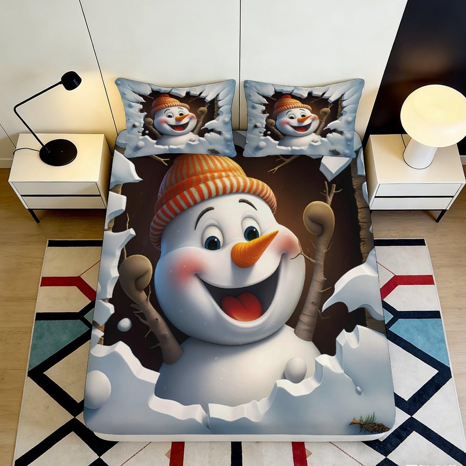 3D Printed Snowman Fitted Sheet Microfiber Cartoon Winter Bed Cover for Bedroom Guest Room Easy Care Decor 90x200x25cm