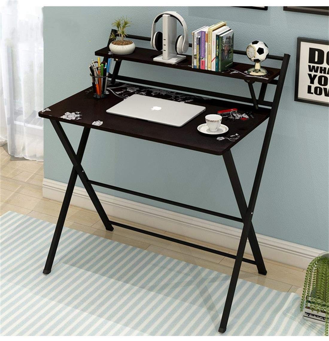 InHouse Folding Desk, Compact Computer Desk Table Study No Assembly Required 2 Tiers with Shelf