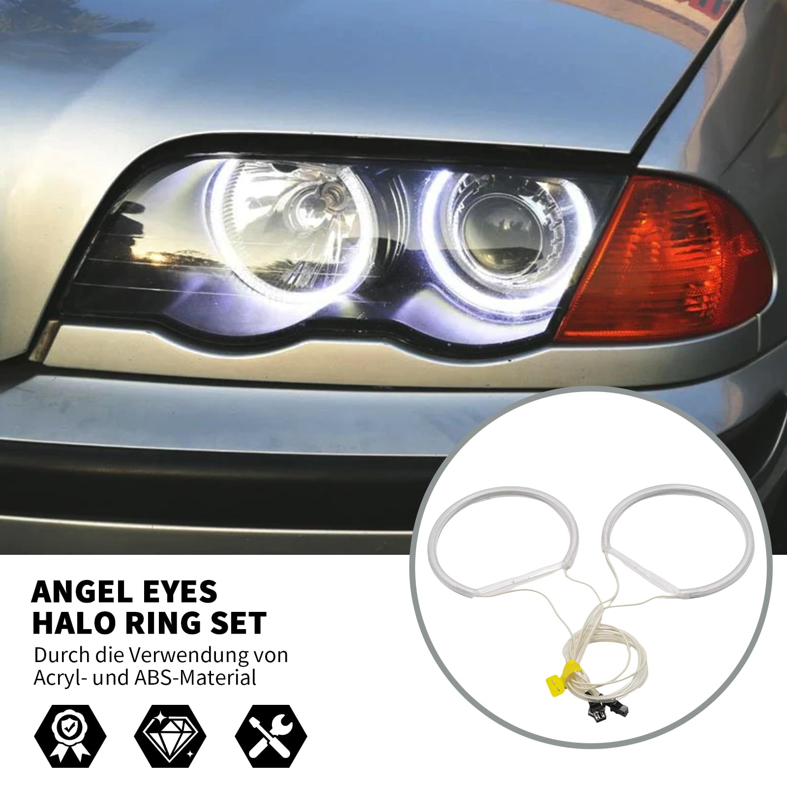 Hoypeyfiy Set di Anelli Halo Angel Eyes Bianchi, Sostituzione per BMW E46 E36 E38 E39, 12V 6000K CCFL Luce ad Alta Luminosità