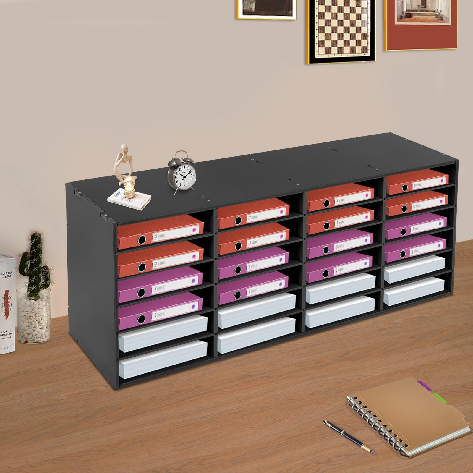 24 Fächer A4 Literaturorganizer Desktop Dokumentenablage Schwarz PVC Literatur Organizer Dokumentenhalter Briefablage Schreibtisch Ablagefach für Hause, Bibliothek, Büro, Klassen 100 x 30 x 42cm