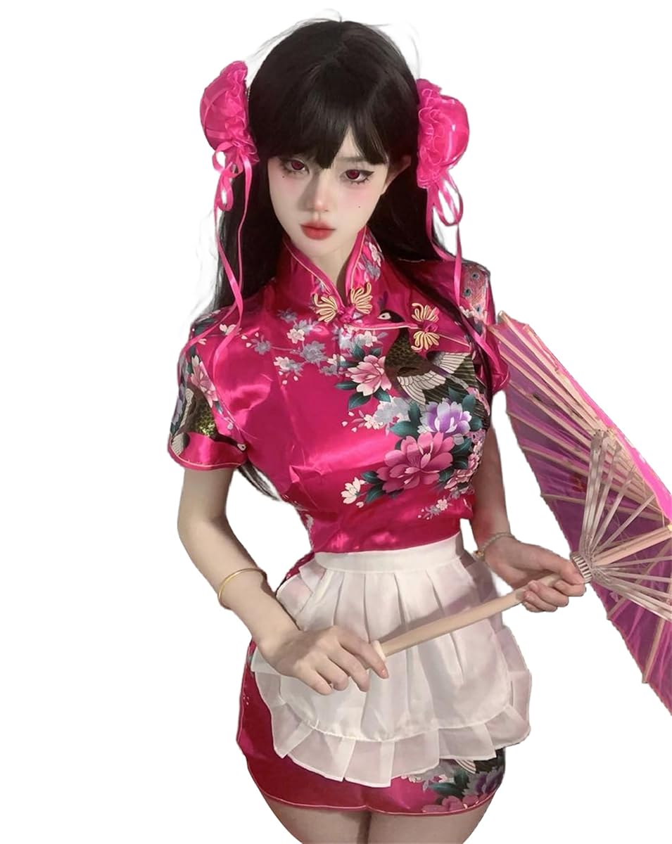 セクシー チャイナ チャイナドレス メイド ドレス チャイナ 服 コスプレ ゴスロリ 花柄 可愛い ロリータ ワンピース 萌え ボンデージ ボディコン ミニ コスチューム 中華風 チャイナ風 ランジェリー 衣装 仮装 ハロウィン レディース (ローズレッド)