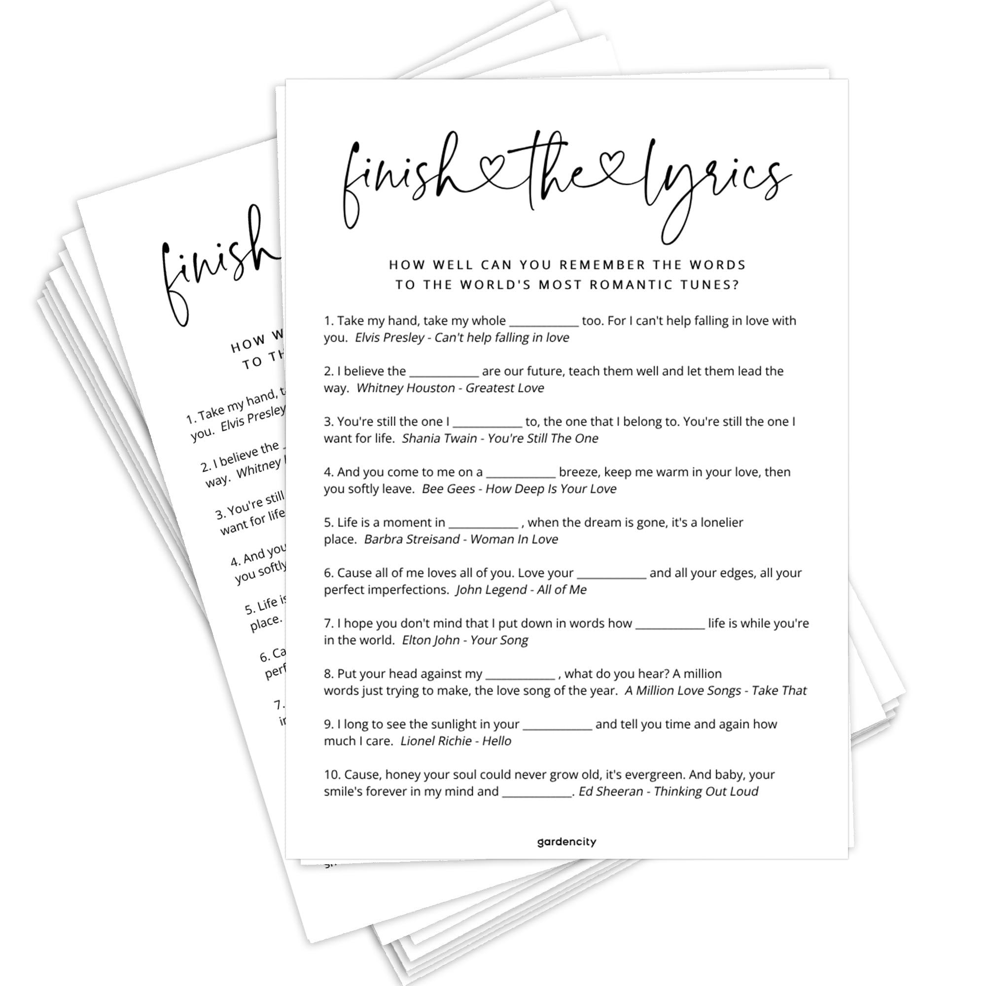GardenCity Finish The Lyrics, Bridal Shower Games for 50 Guests, Wedding Shower Games, 50 Cards, Minimalist