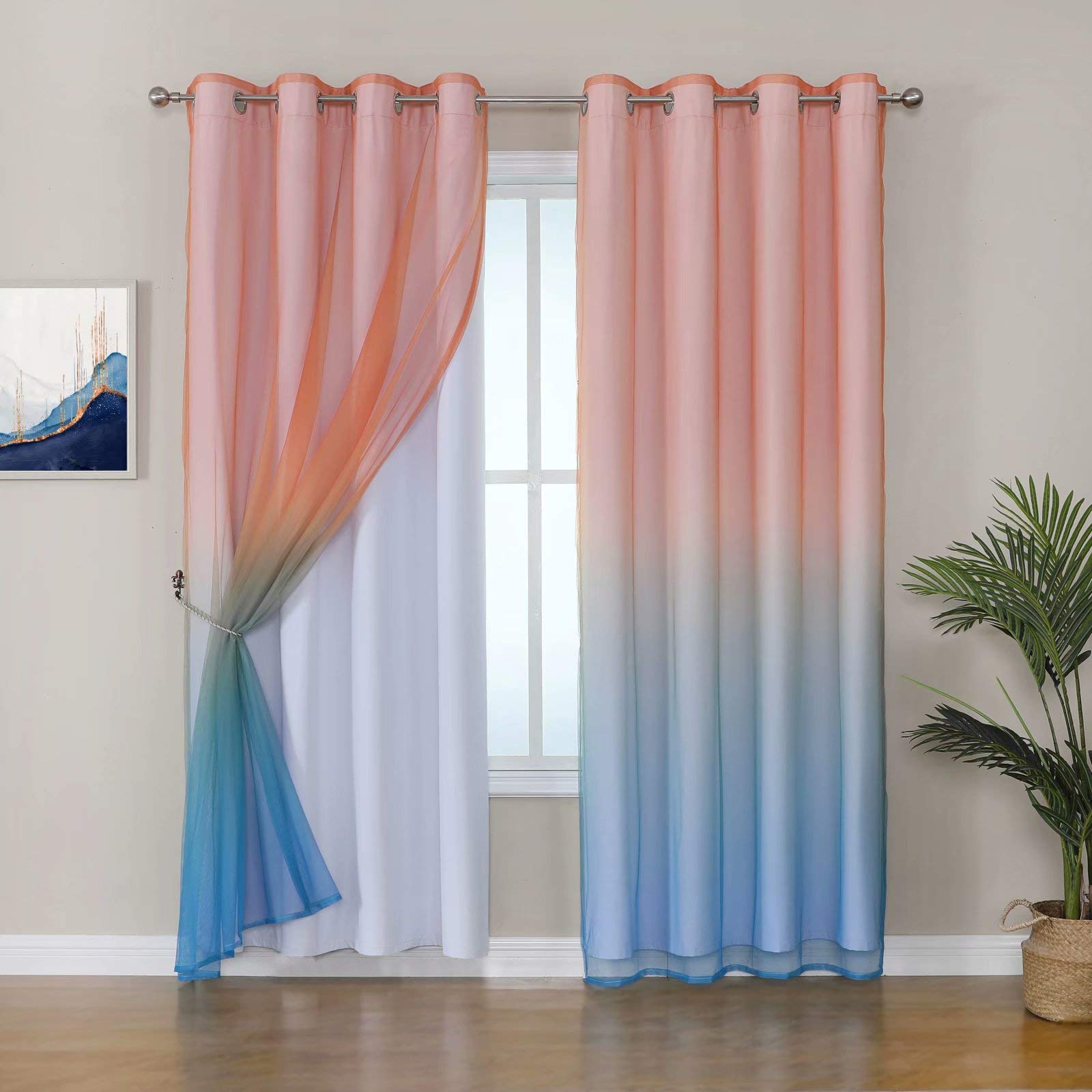 Selectex Mix and Match Curtain - 100% Blackout Curtains with Sheer Ombre Curtains for Living Room Thermal Insulated Sun Blocking Grommet Drapes for Bedroom, 52x84, Set of 2 Panels, Orange & Blue