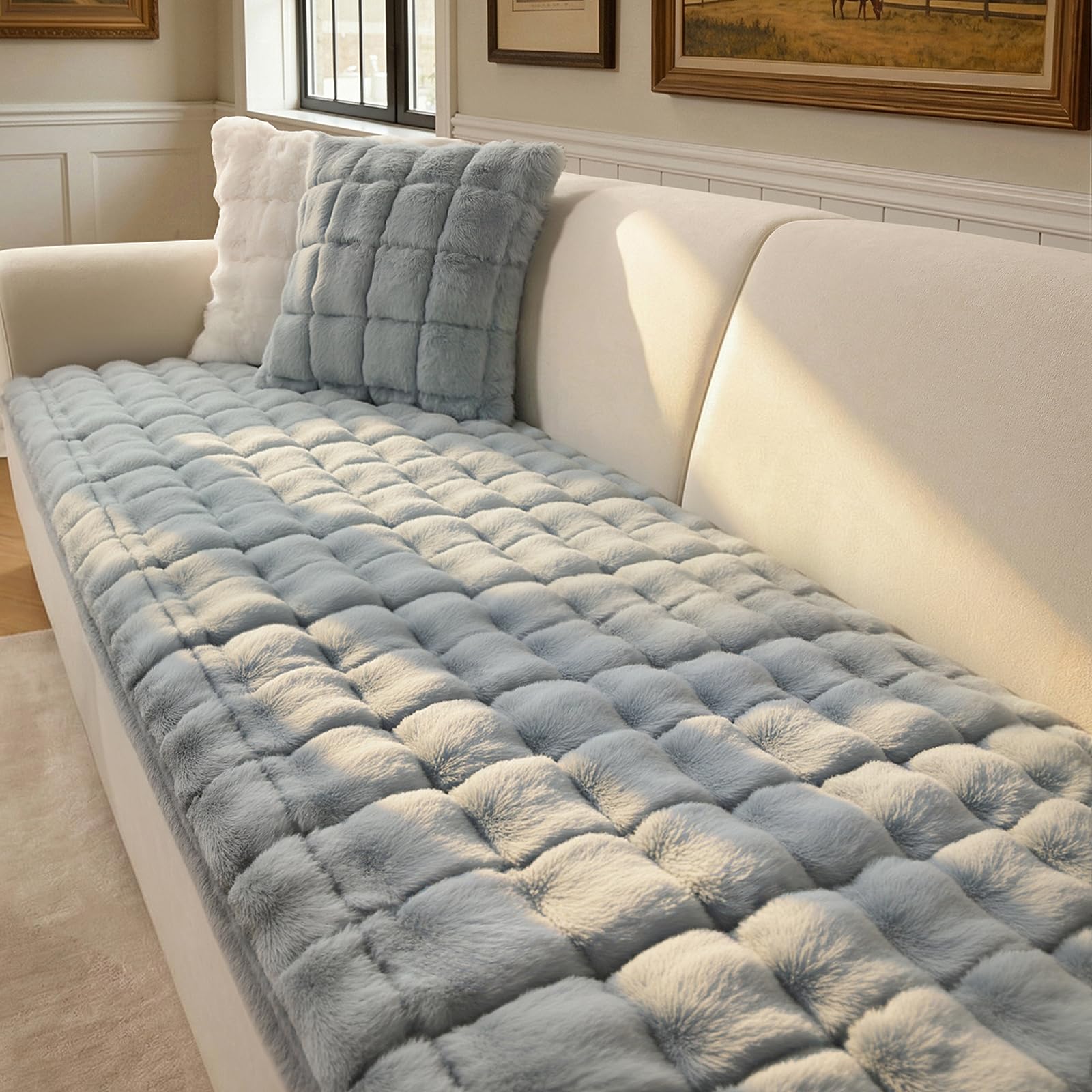 OHSIO Sofa Überzug aus Kunstfell in Kaninchen-Optik, Rutschfester Couch Überzug für 1–4 Sitzer, superweicher Sofabezug, waschbar & haustierfreundlich(Hellgrau, 70x180cm)