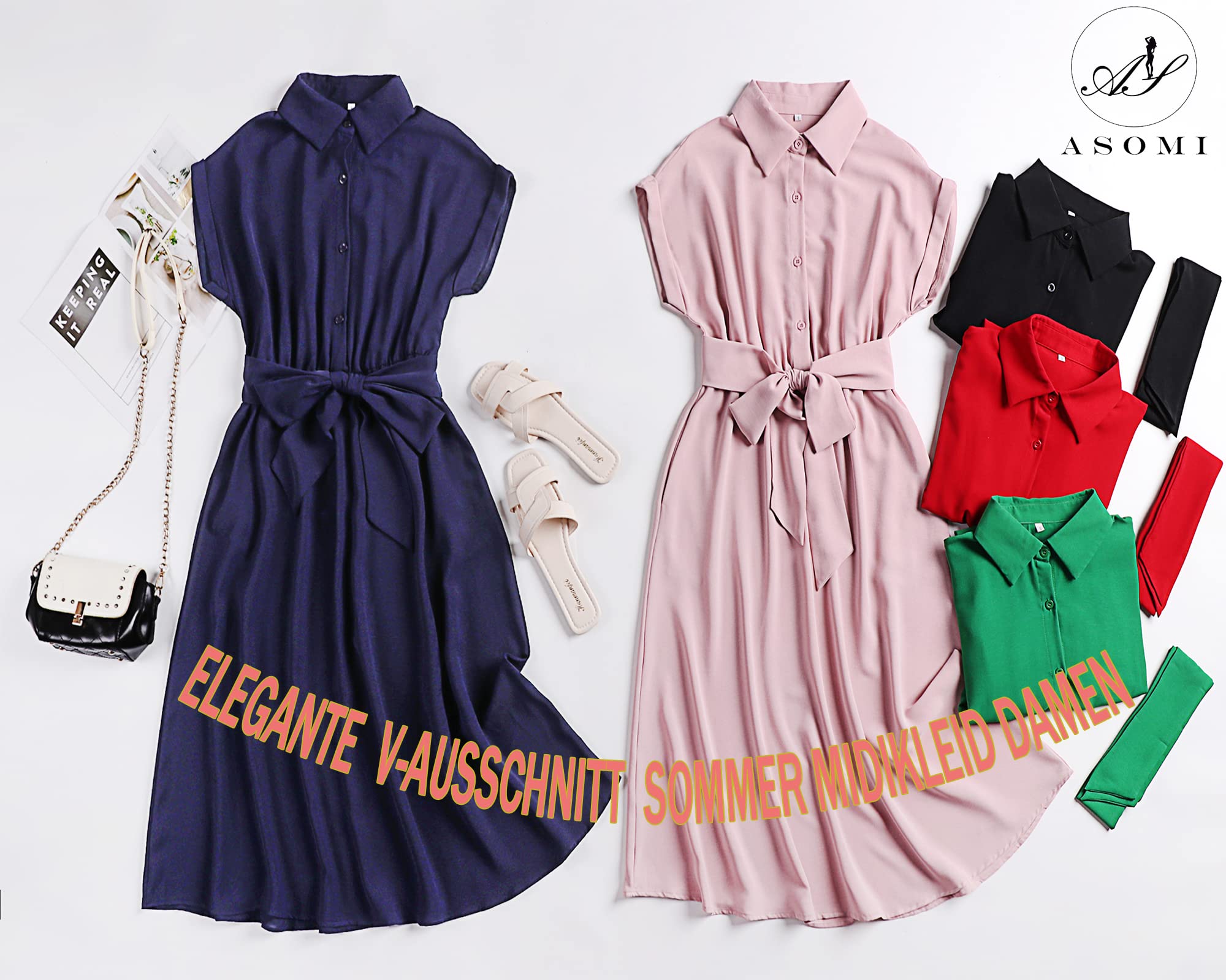 ASOMI Robe d'été pour femme, robe de cocktail, robe de plage, décontractée à manches courtes, col en V, robe midi avec ceinture, bouton de poche, bleu marine, S