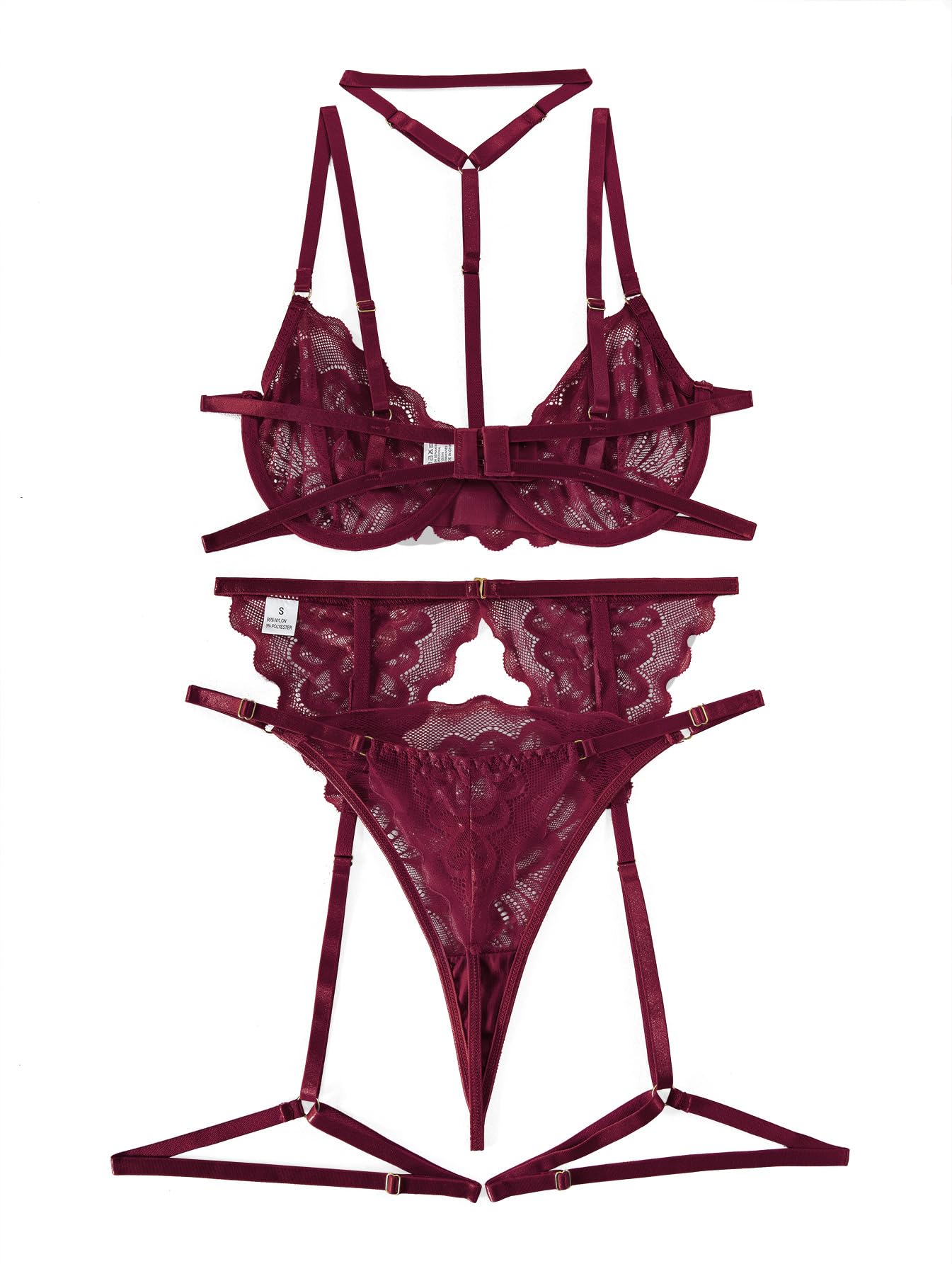 Lilosy Sexy Choker Floral Lace Scallop Sheer Underwire Push Up Garter Belt Lingerie Set 3 Piece: Medium Burgundy Red