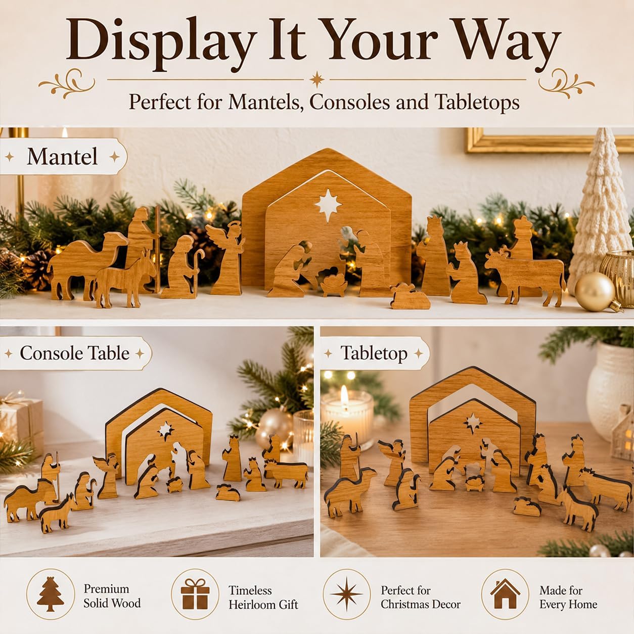 Hawkrown Nativity Set, 16-Piece Indoor Wooden Christmas Manger Scene