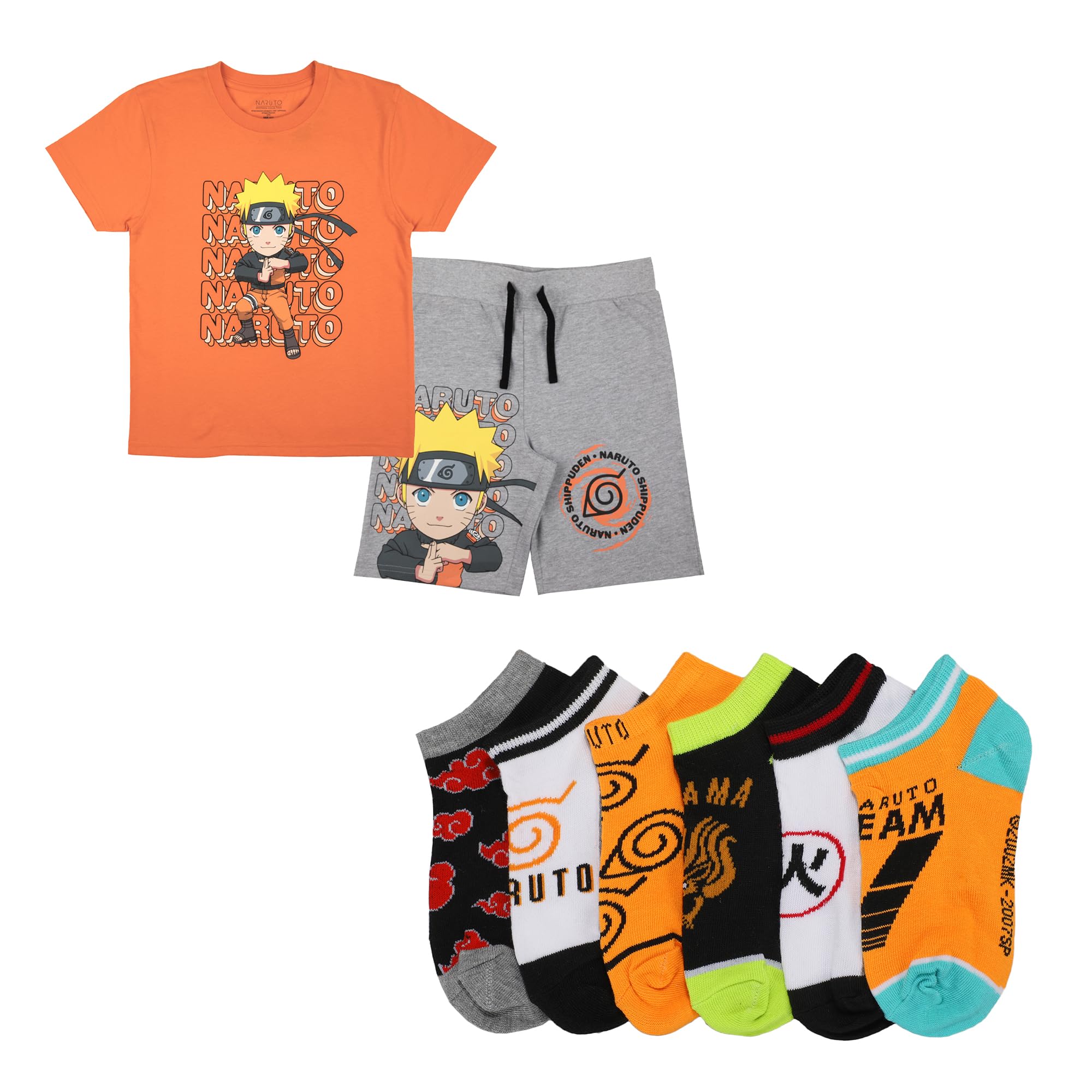 Naruto Boy's Short Sleeve Crew Neck T-Shirt Lounge Shorts & Ankle Socks Combo Set