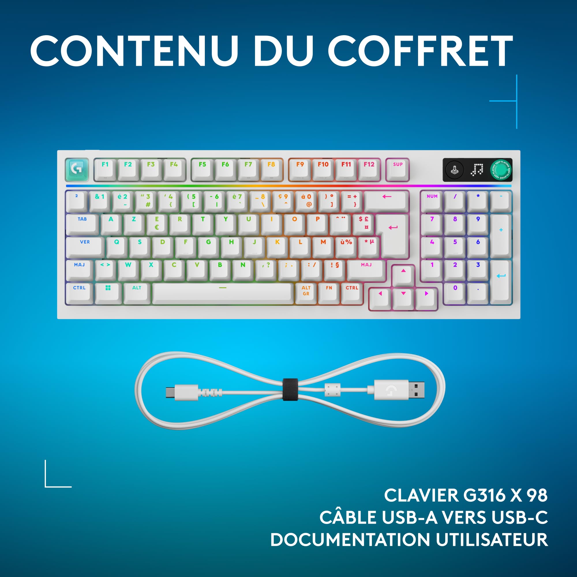 Logitech G G316 X 98, Clavier Gaming, 8 kHz, switchs tactiles Hot-Swap, Structure à Joint, Affichage LED matriciel & molette, Touches PBT Double Couche, USB-C, RVB LIGHTSYNC, PC, FRA AZERTY - Blanc