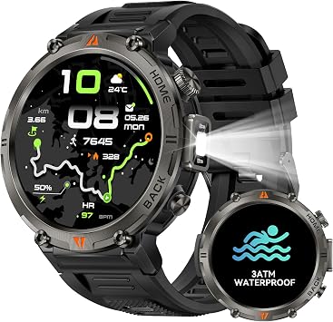 Military Smart Watch for Men GPS Watch with Flashlight Compass 3ATM Waterproof Rugged Tactical Smartwatch Bluetooth Calling 1.45 HD Sports Watch Fitness Watch Compatible with iPhone Samsung