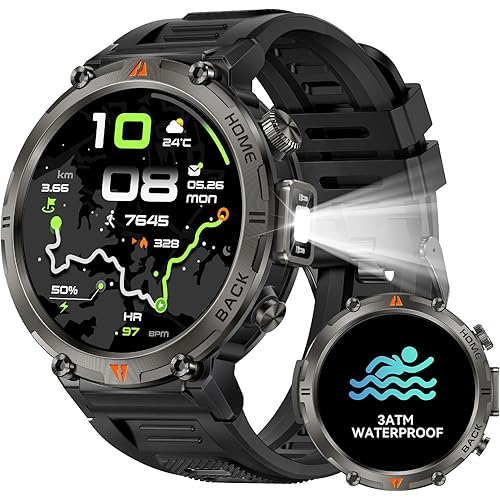 Military Smart Watch for Men GPS Watch with Flashlight Compass 3ATM Waterproof Rugged Tactical Smartwatch Bluetooth Calling 1.45'' HD Sports Watch Fitness Watch Compatible with iPhone Samsung