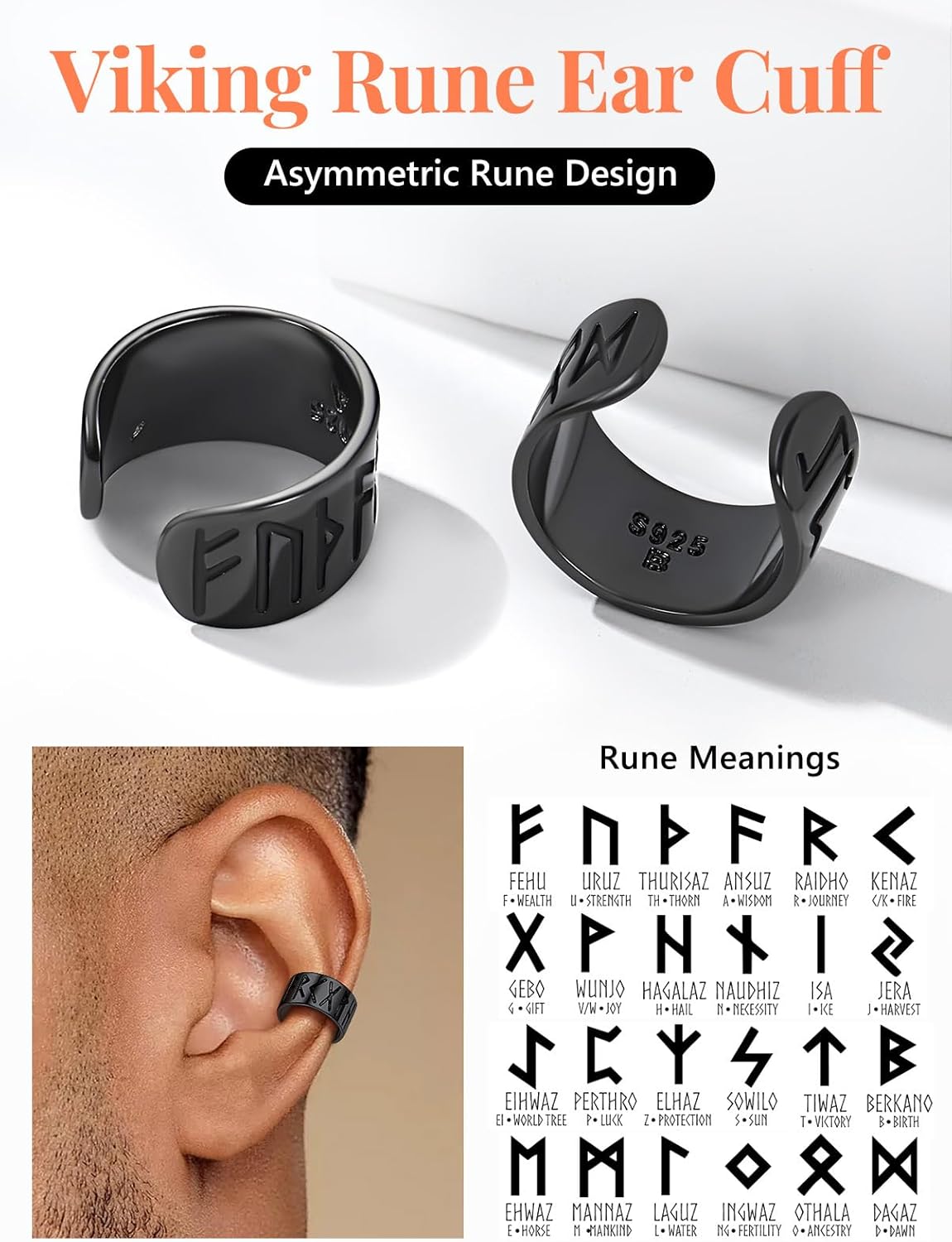 Silvora Ear Cuff 925 Sterling Silver Viking Runes Earrings for Men Women Viking Jewelry with Gift Box - Image 4