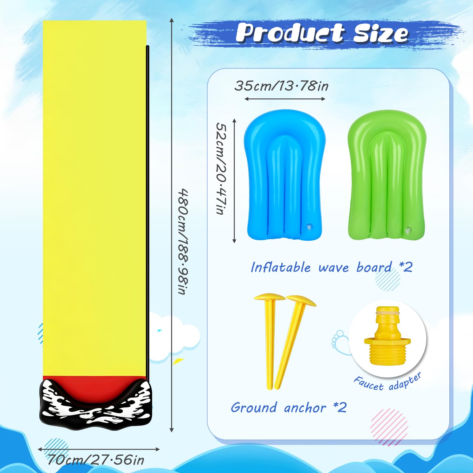 Wasserrutsche Garten für Kinder, 480 * 71cm Wasserrutschmatte mit 2 Bodyboards, Wasserrutsche Kinder Draußen, Sommer-Wasserspielzeug für Gärten Rasenflächen und den Außenbereich