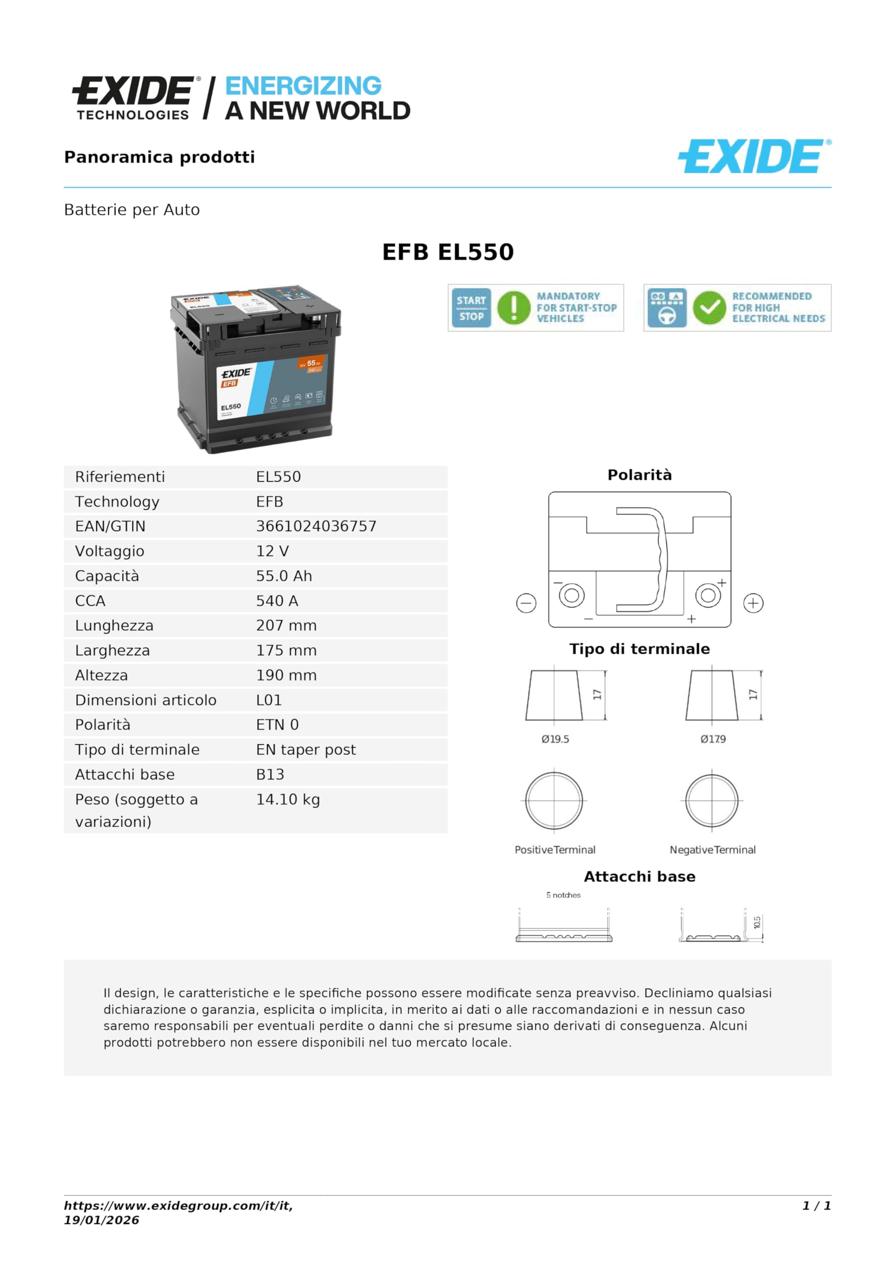 EXIDE Batteria 55, Ah 540, A/EN EL550 L 207mm B 175mm H 190mm
