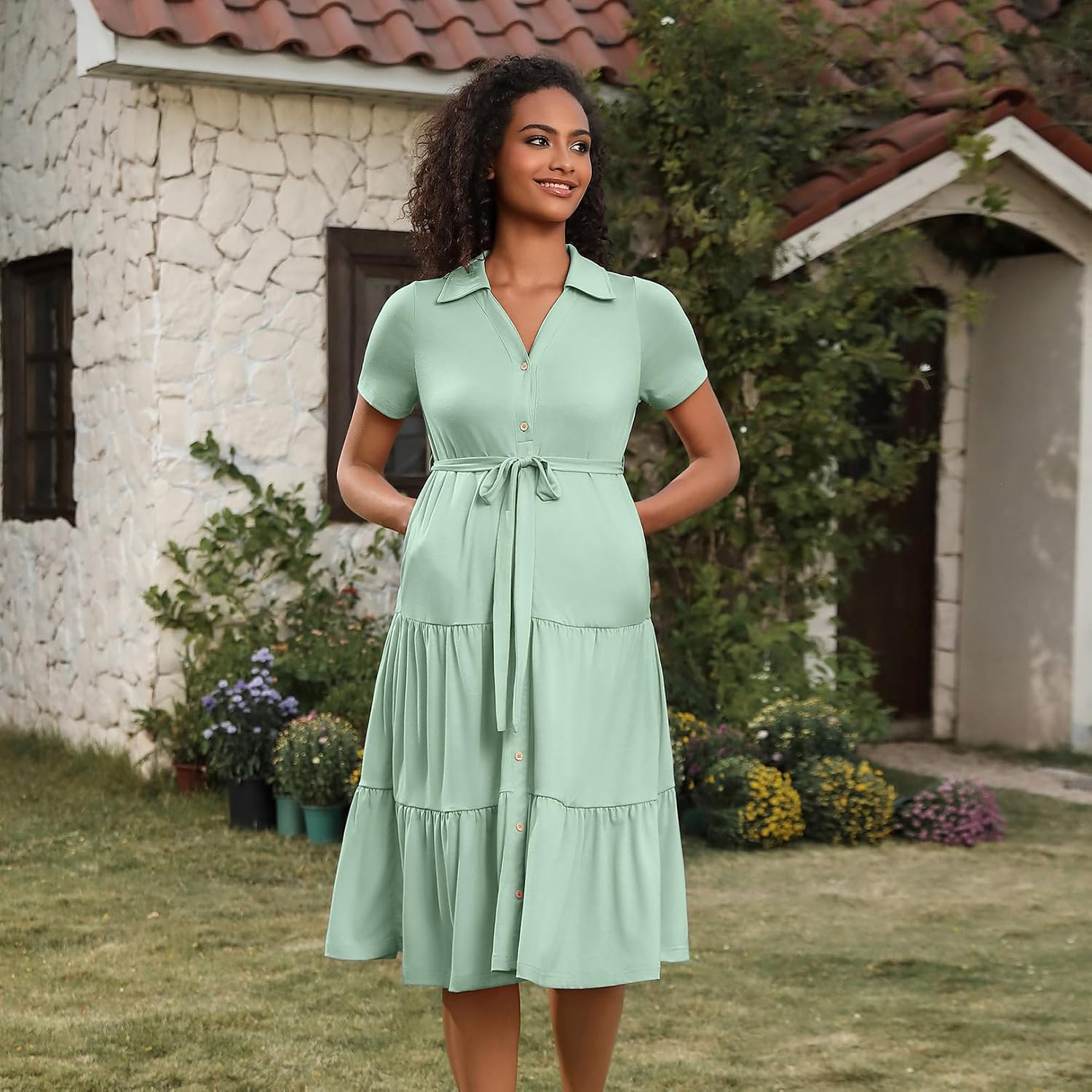 Short Sleeve Maternity Dress Summer V Neck Flowy Maternity Nursing Dresses for Baby Shower