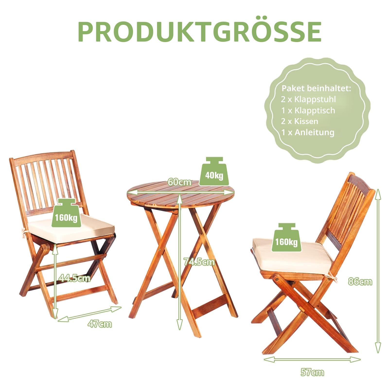 GIANTEX Balkonmöbel Kleiner Balkon, Runder Bistrotisch mit 2 Stühlen klappbar, Gartenmöbel Set Holz 3 teilig, Balkonset Bistroset Outdoor, Terrassenmöbel 2 Personen, Garten Sitzgruppe mit Kissen