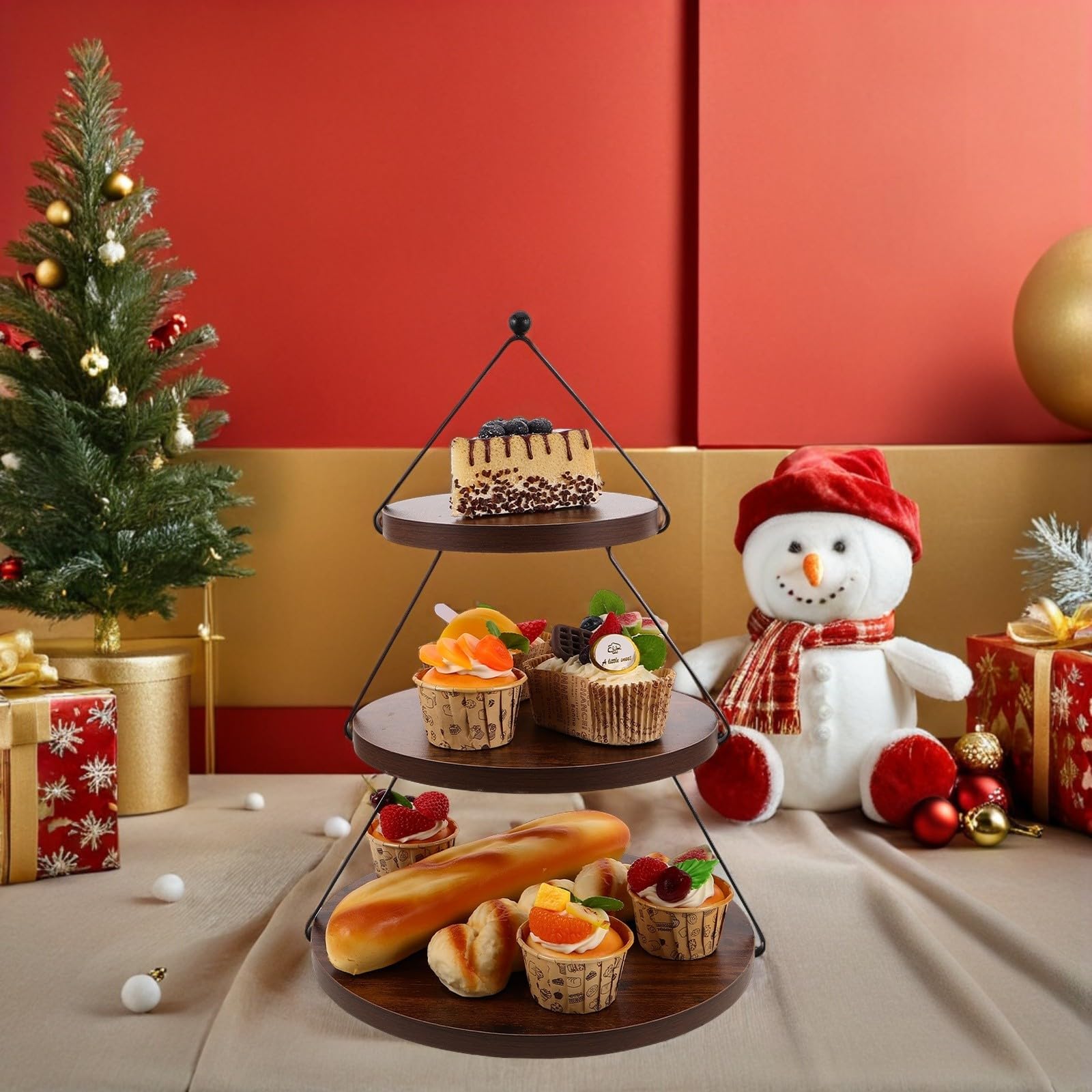 ULTECHNOVO Alzata per Torte a Tre Livelli in Legno e Ferro Struttura Stabile a Forma di Albero di Natale, Portatile e Rustica per Esposizione Dolci e Tè Pomeridiano