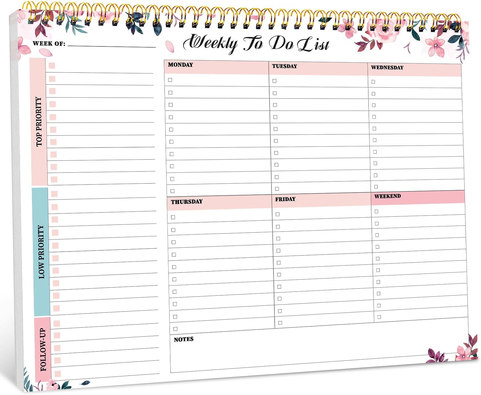 Weekly To Do List Notepad, Undated Weekly Planner Pad, 8.5" x 11" | Large Desk Planner, Weekly Task Planning, College School Supplies, for Home and Office, 52 Sheets, Whispering Petal