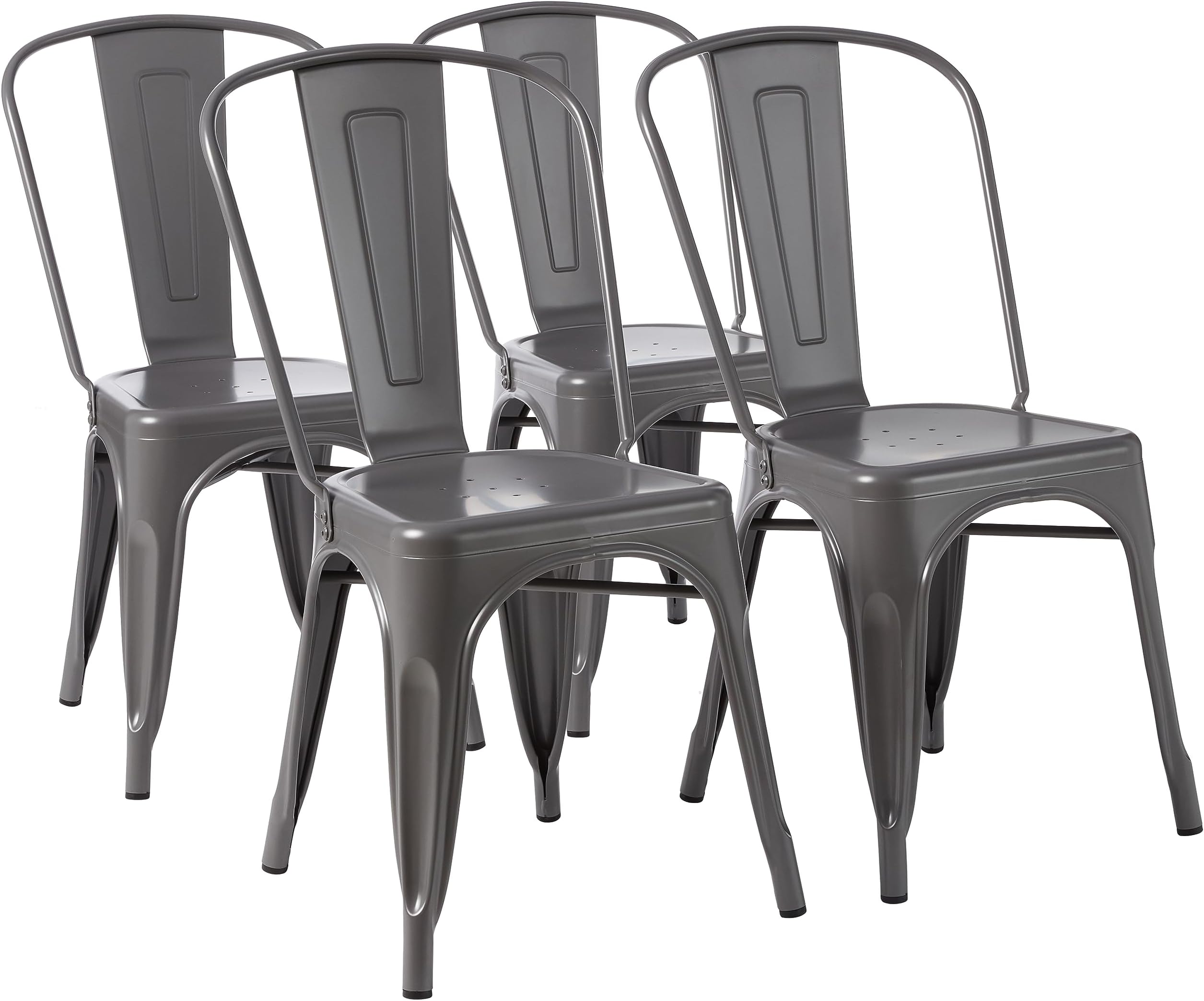 Amazon Basics Set of 4 Grey Metal Dining Chairs, with Backrest, Stackable, Bistro, Kitchen, Indoor & Outdoor, 51 x 43 x 85 cm