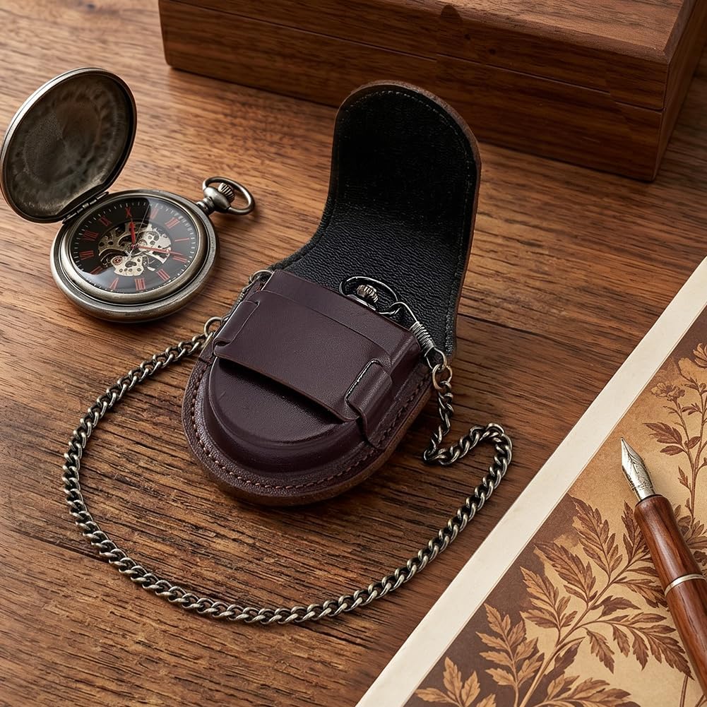 PH PandaHall Pocket Watch Case, PU Leather Pocket Watch Pouch with Platinum Chain Vintage Watch Travel Case for Men's Watch Storage Display Gift Collection Protection Father Birthday Gift, 3"x2.5"
