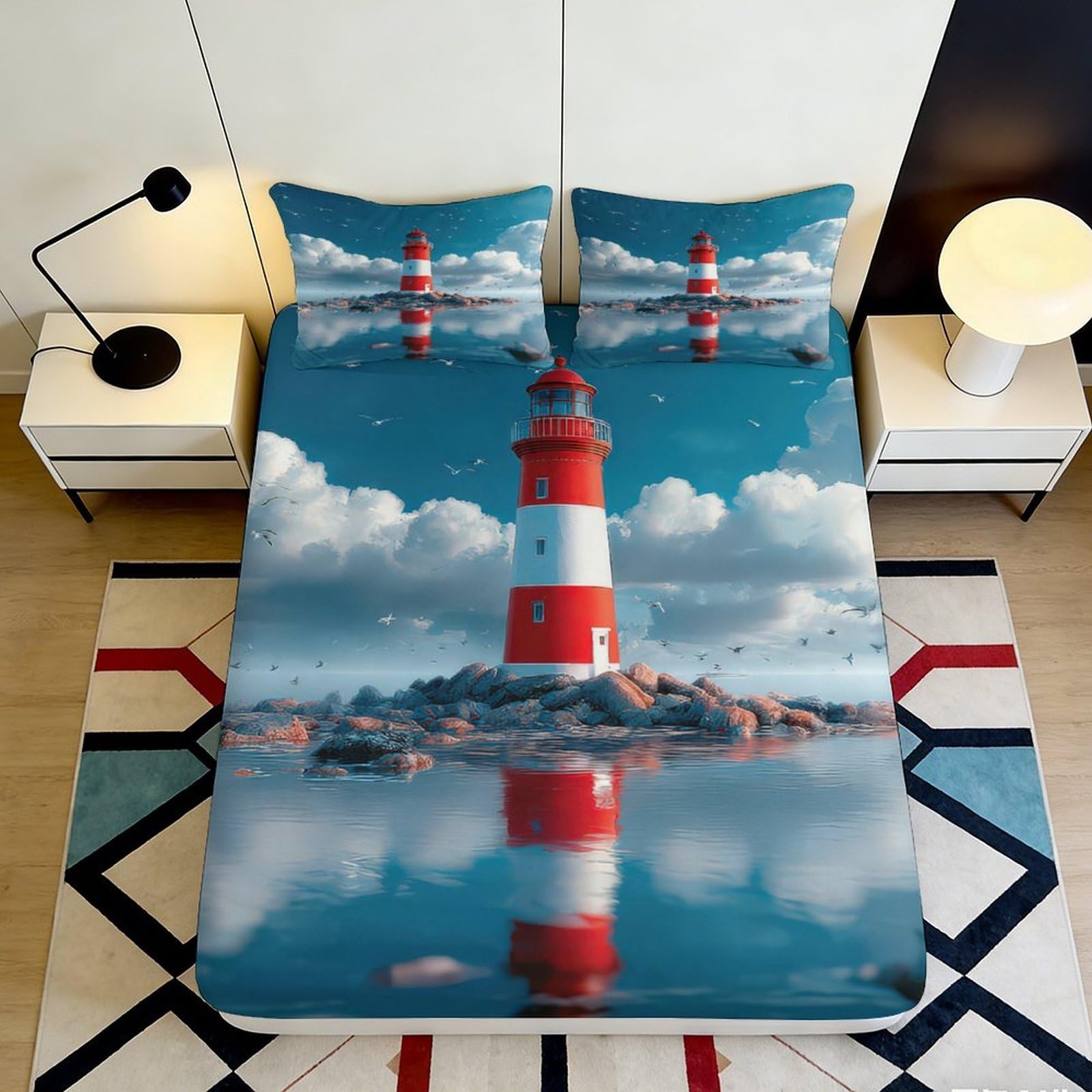 Pnayamiorkfel Style-7 3D Printed Lighthouse Ocean Fitted Sheet Microfiber Soft Seaside Red White Bed Cover For Bedroom Dorm Decor Protection 90X200x25cm