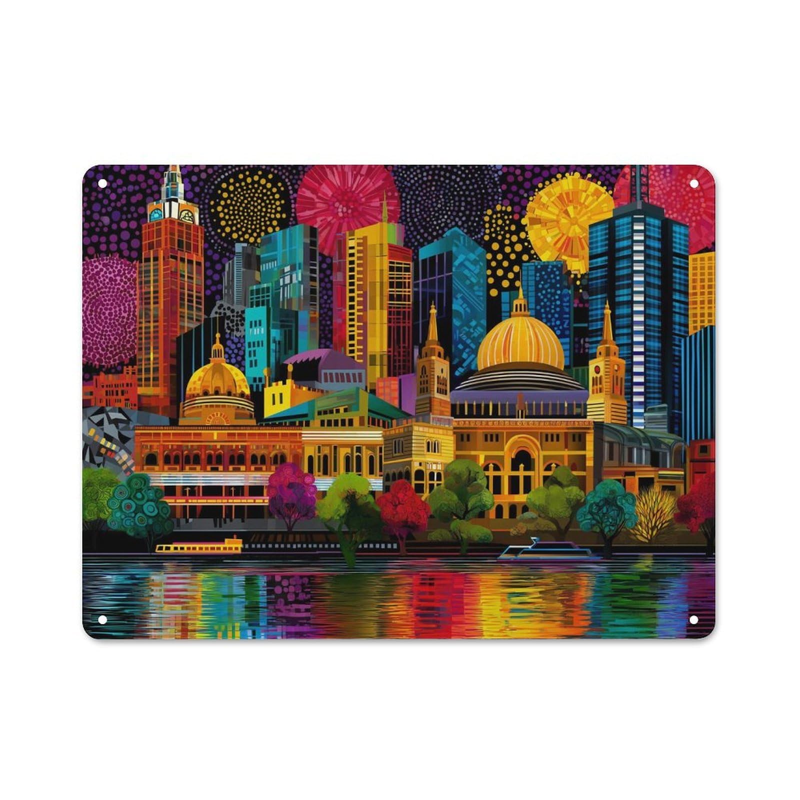 Junmoney Colorful Cityscape Reflections Metal Sign 30X40cm, Vintage Bar Wall Plaque For Diner, Restaurant, Shed Or Kitchen