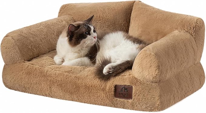 Hollypet Fluffy Plush Pet Cat Couch Soft Calming Pet Sofa Beds for Medium Small Cats and Dogs, Pink