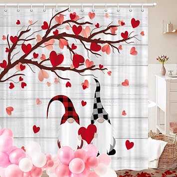 JAWO Mother's Day Shower Curtain, Romantic Mother's Watercolor Falling Red Heart Shower Curtain, Red Hearts Cute Gnomes Bathroom Accessories Set with Hooks, 72x72 Inch